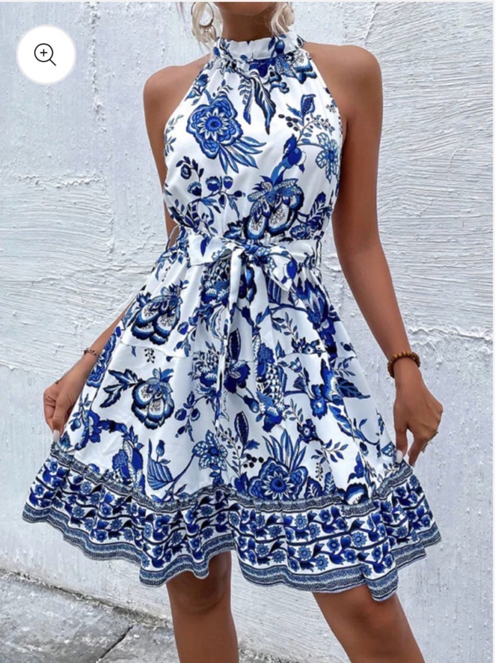 SHEIN Blue and White Patterned Midi Dress tie waist s